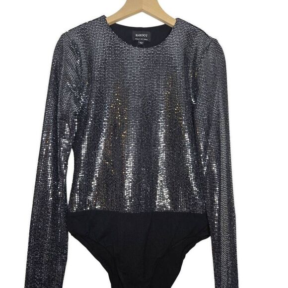 Bardot Long Sleeve Silver Black Bodysuit Sparkle Size Small - Picture 3 of 7